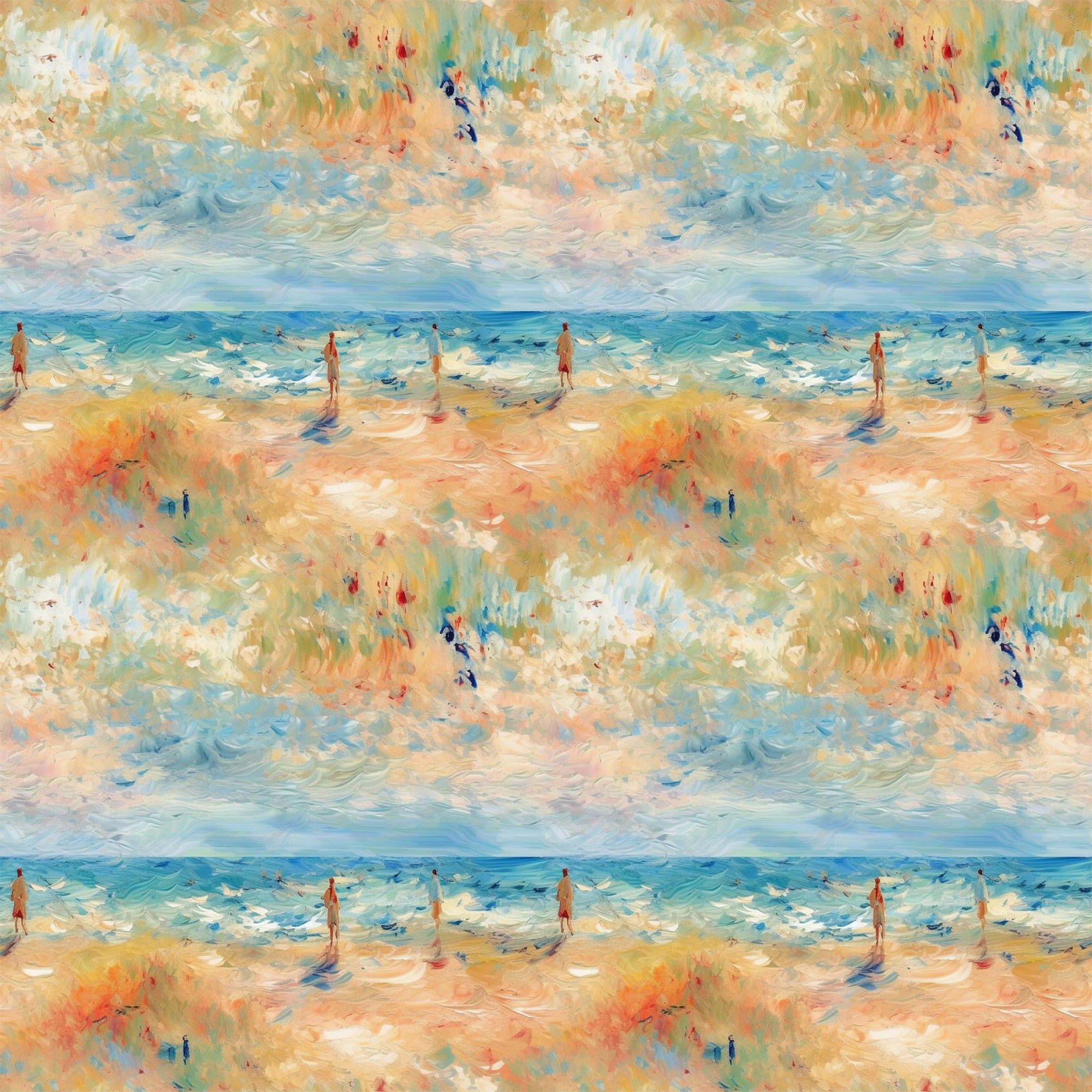 impressionist style, beach scene, ocean waves, sandy shore, human figures, soft brushstrokes, blue tones, peach colors, golden hues, aqua shades, coral tones, painterly effect, seaside landscape, summer mood, artistic pattern,, fabric panel, watercolor effect, coastal theme, repeating motif