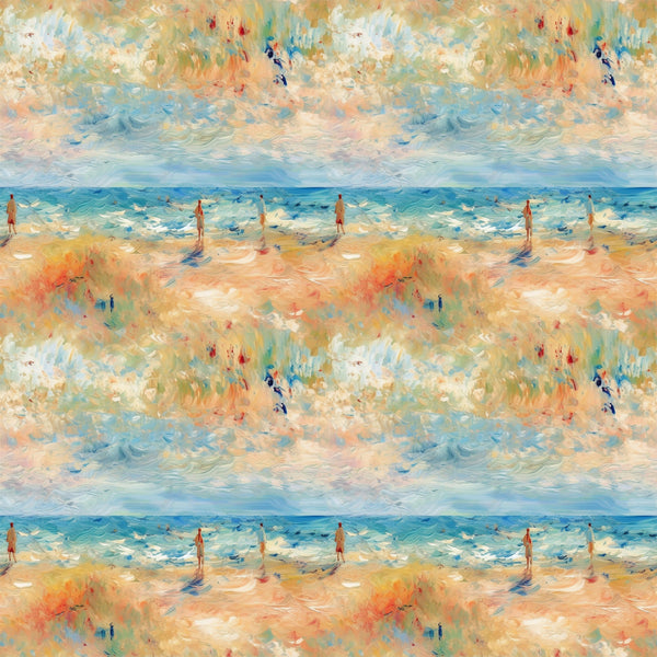 impressionist style, beach scene, ocean waves, sandy shore, human figures, soft brushstrokes, blue tones, peach colors, golden hues, aqua shades, coral tones, painterly effect, seaside landscape, summer mood, artistic pattern,, fabric panel, watercolor effect, coastal theme, repeating motif