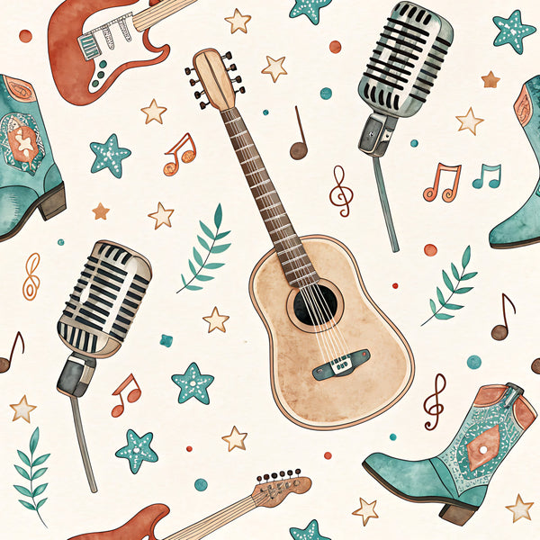 music themed, coral pink, teal green, cream, vintage music, retro music, musical instruments, guitar, microphone, stars, musical notes, treble clef, cowboy boots, whimsical, playful, kids room, nursery, music lover, performance, stage, entertainment, bohemian, eclectic, colorful, fun prints, decorative elements, leaf accents, vintage style
