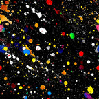 paint splatter, abstract pattern, black background, multicolored dots, vibrant colors, red splashes, blue spots, yellow drops, white paint, green accents, orange splatters, purple dots, pink drops, glitter effect, artistic design, contemporary style,, fabric panel, modern pattern, colorful explosion