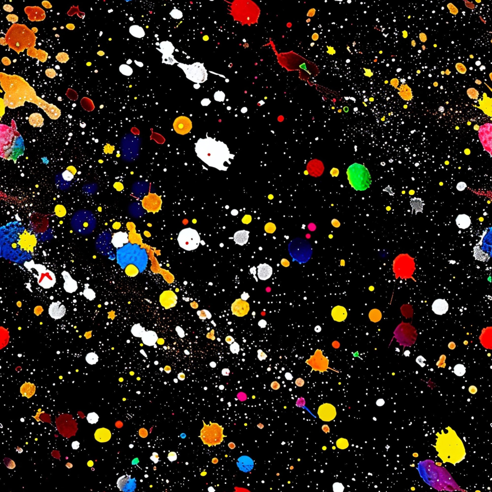 paint splatter, abstract pattern, black background, multicolored dots, vibrant colors, red splashes, blue spots, yellow drops, white paint, green accents, orange splatters, purple dots, pink drops, glitter effect, artistic design, contemporary style,, fabric panel, modern pattern, colorful explosion