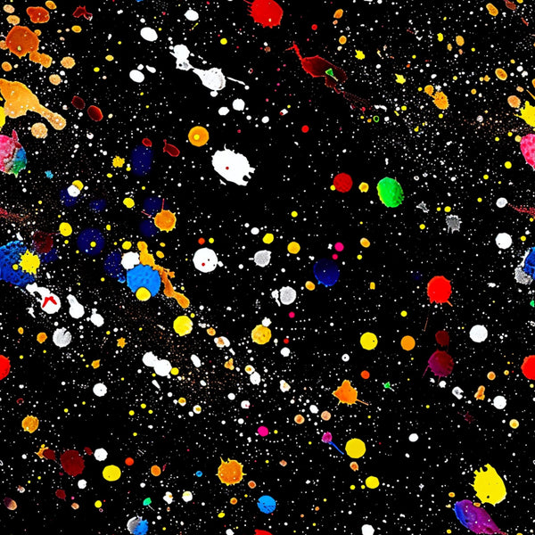 paint splatter, abstract pattern, black background, multicolored dots, vibrant colors, red splashes, blue spots, yellow drops, white paint, green accents, orange splatters, purple dots, pink drops, glitter effect, artistic design, contemporary style,, fabric panel, modern pattern, colorful explosion