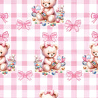pink, baby bears, teddy bears, gingham background, checkered pattern, pink bows, toy trains, building blocks, stuffed animals, nursery theme,, fabric panel, pastel colors, cute bears, children's fabric, baby quilt, soft pink, repeating pattern, playful design, infant theme