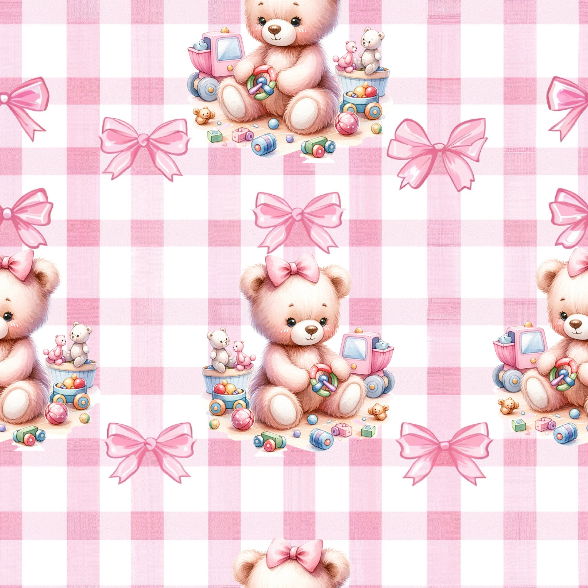 pink, baby bears, teddy bears, gingham background, checkered pattern, pink bows, toy trains, building blocks, stuffed animals, nursery theme,, fabric panel, pastel colors, cute bears, children's fabric, baby quilt, soft pink, repeating pattern, playful design, infant theme