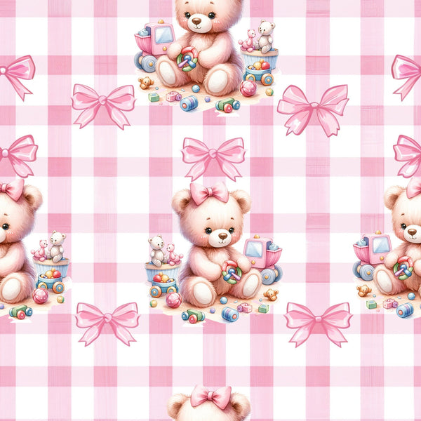 pink, baby bears, teddy bears, gingham background, checkered pattern, pink bows, toy trains, building blocks, stuffed animals, nursery theme,, fabric panel, pastel colors, cute bears, children's fabric, baby quilt, soft pink, repeating pattern, playful design, infant theme