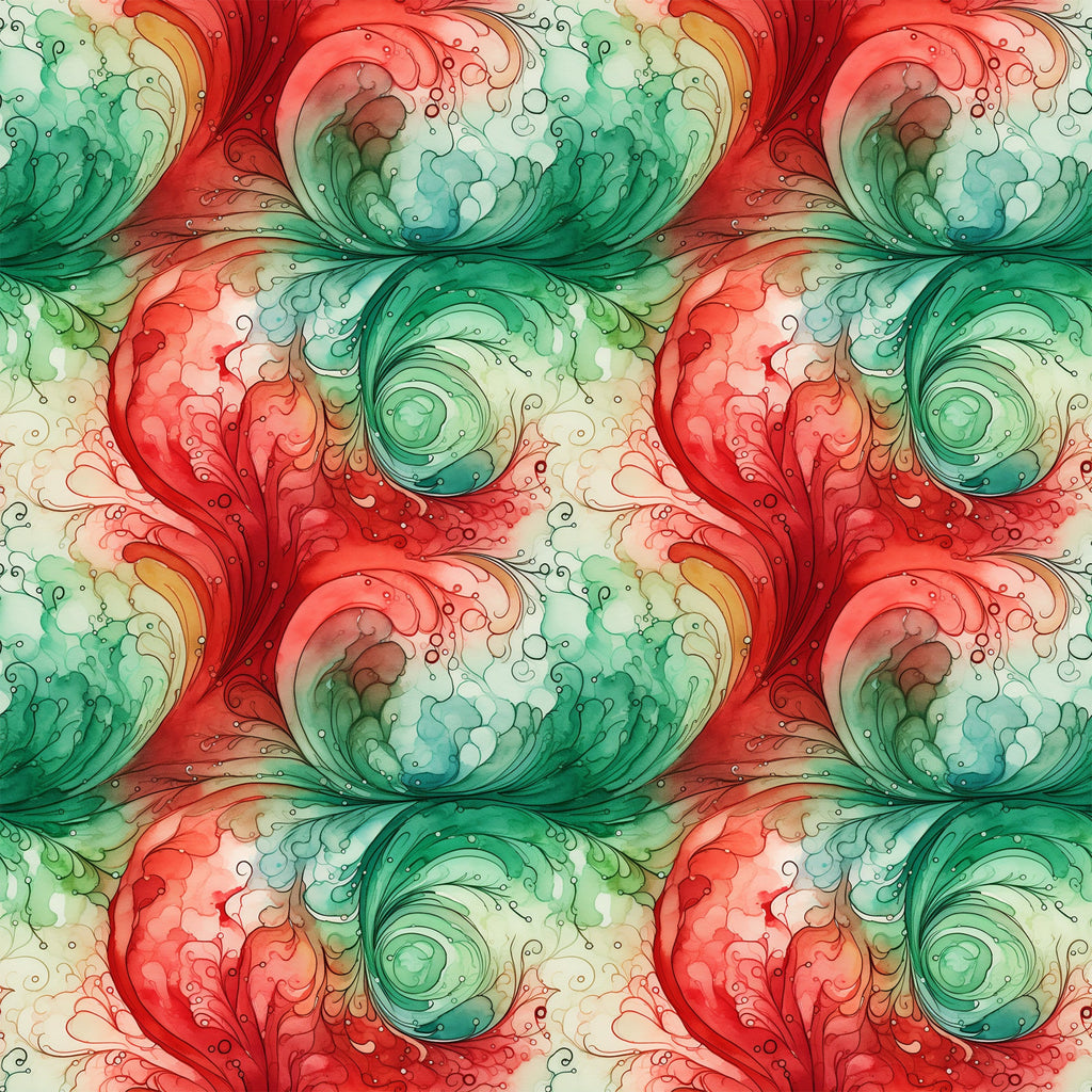 watercolor, christmas swirls, red, green, coral, teal, mint green, cream, ivory, flowing swirls, organic patterns, fluid design, repeating motifs, decorative scrolls, holiday fabric,, fabric panel, seamless pattern, festive colors, watercolor effect, botanical swirls, artistic design, soft blending, christmas crafting