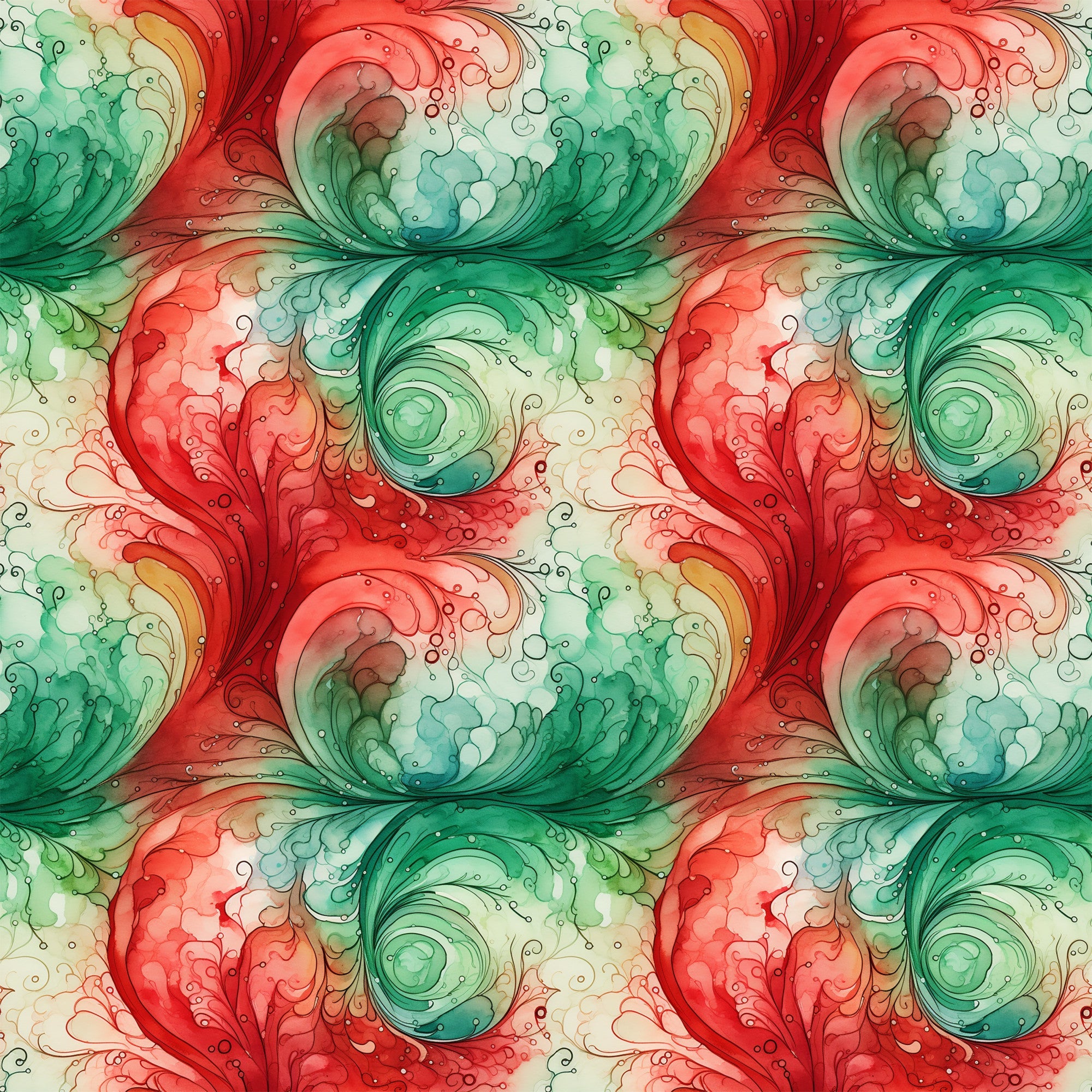 watercolor, christmas swirls, red, green, coral, teal, mint green, cream, ivory, flowing swirls, organic patterns, fluid design, repeating motifs, decorative scrolls, holiday fabric,, fabric panel, seamless pattern, festive colors, watercolor effect, botanical swirls, artistic design, soft blending, christmas crafting