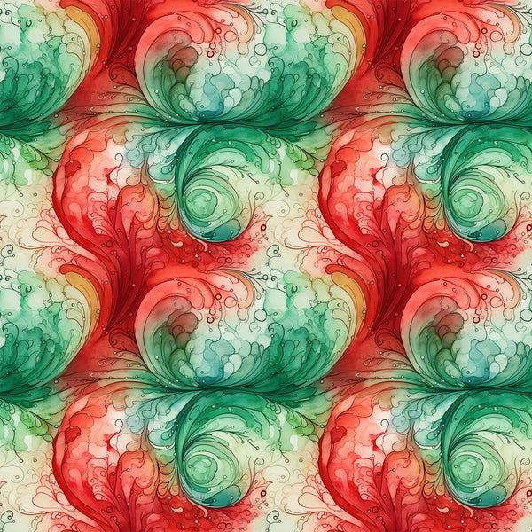 watercolor, christmas swirls, red, green, coral, teal, mint green, cream, ivory, flowing swirls, organic patterns, fluid design, repeating motifs, decorative scrolls, holiday fabric,, fabric panel, seamless pattern, festive colors, watercolor effect, botanical swirls, artistic design, soft blending, christmas crafting