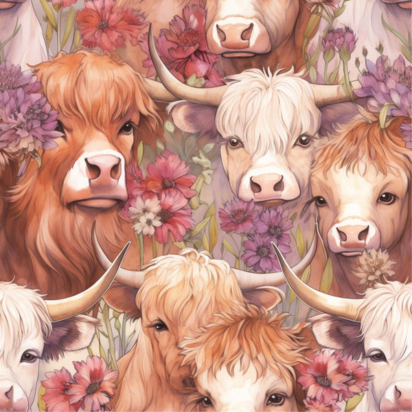 highland cows, floral pattern, peachy pink, coral flowers, purple blooms, cream colored, orange fur, horned cattle, botanical design,, fabric panel, watercolor style, pastoral theme, farm animals, soft pastels, seamless repeat, whimsical art, cow faces, mixed florals, crafting material