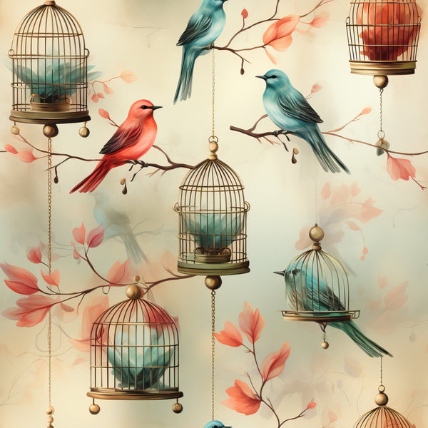 vintage birdcages,, fabric panel, songbirds, coral pink, teal blue, watercolor style, hanging cages, ornate birdcages, delicate branches, autumn leaves, whimsical birds, soft pastels, romantic illustration, decorative chains, nature motif, victorian inspired, cottage core, gentle colors, artistic rendering