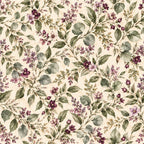 cream floral, purple flowers, mauve blooms, dusty rose, sage green, vintage floral, botanical, nature inspired, garden theme, cottage core, traditional, elegant, romantic, spring, summer, wildflowers, delicate flowers, leafy vines, foliage, botanical print, classic floral, timeless design, feminine, graceful, heirloom style, multi-floral, mixed florals, calming design, soft palette