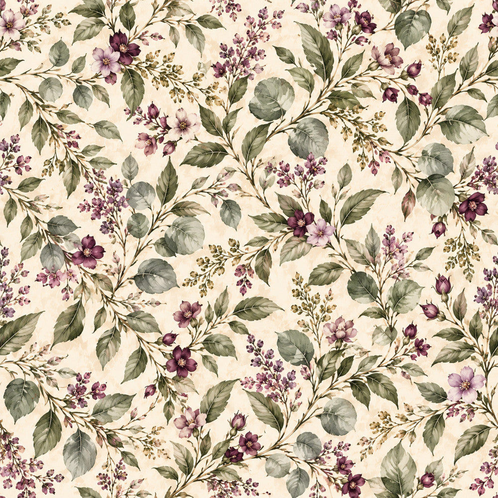 cream floral, purple flowers, mauve blooms, dusty rose, sage green, vintage floral, botanical, nature inspired, garden theme, cottage core, traditional, elegant, romantic, spring, summer, wildflowers, delicate flowers, leafy vines, foliage, botanical print, classic floral, timeless design, feminine, graceful, heirloom style, multi-floral, mixed florals, calming design, soft palette
