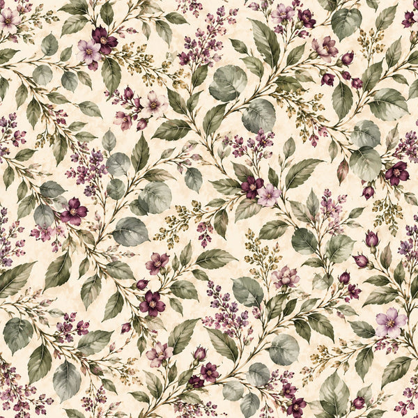 cream floral, purple flowers, mauve blooms, dusty rose, sage green, vintage floral, botanical, nature inspired, garden theme, cottage core, traditional, elegant, romantic, spring, summer, wildflowers, delicate flowers, leafy vines, foliage, botanical print, classic floral, timeless design, feminine, graceful, heirloom style, multi-floral, mixed florals, calming design, soft palette
