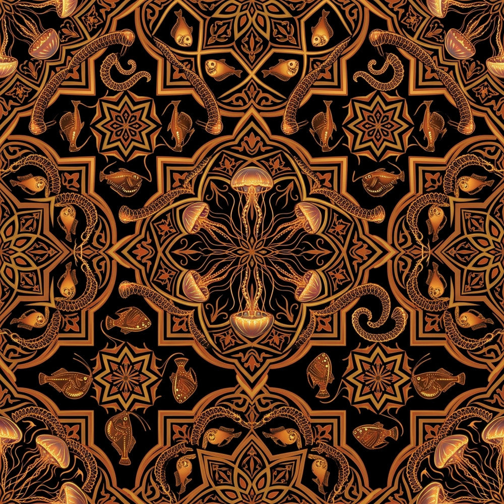 gold, black, copper, bronze, metallic, geometric, mandala, marine, oceanic, underwater, jellyfish, fish, serpent, snake, celestial, mystical, elegant, ornate, bohemian, vintage, art deco, symmetrical, intricate, ocean creatures, nautical, luxury, sophisticated, dark academia