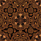 gold, black, copper, bronze, metallic, geometric, mandala, marine, oceanic, underwater, jellyfish, fish, serpent, snake, celestial, mystical, elegant, ornate, bohemian, vintage, art deco, symmetrical, intricate, ocean creatures, nautical, luxury, sophisticated, dark academia