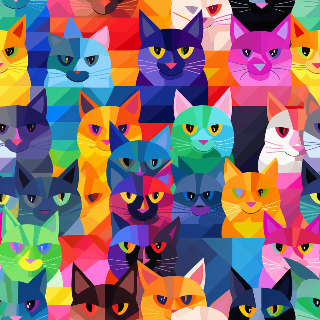 geometric cats, vibrant colors, rainbow hues, patchwork design,, fabric panel, colorful felines, abstract art, modern style, bright pink, electric blue, orange, purple, green, yellow, cat faces, triangular patterns, contemporary design, artistic cats, multicolored