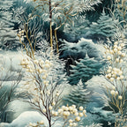 winter forest, snowy landscape, evergreen trees, frost, snow-covered branches, woodland scene, teal blue, cream, gold accents, white berries, nature, seasonal, holiday, christmas, rustic, elegant, whimsical, traditional, forest green, icy blue, frosted, serene, peaceful, winter wonderland, botanical, detailed illustration, naturalistic, cozy, festive, december