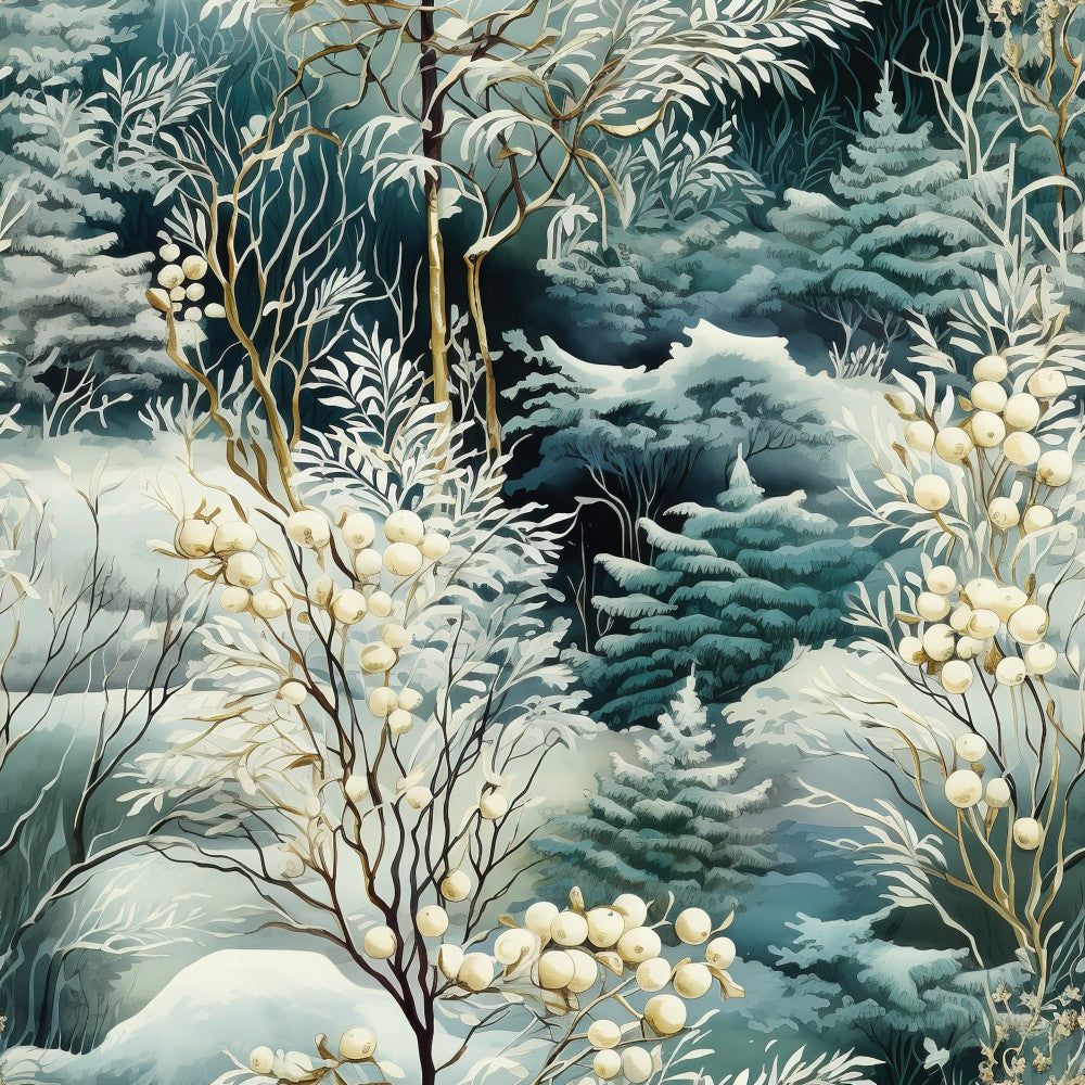 winter forest, snowy landscape, evergreen trees, frost, snow-covered branches, woodland scene, teal blue, cream, gold accents, white berries, nature, seasonal, holiday, christmas, rustic, elegant, whimsical, traditional, forest green, icy blue, frosted, serene, peaceful, winter wonderland, botanical, detailed illustration, naturalistic, cozy, festive, december