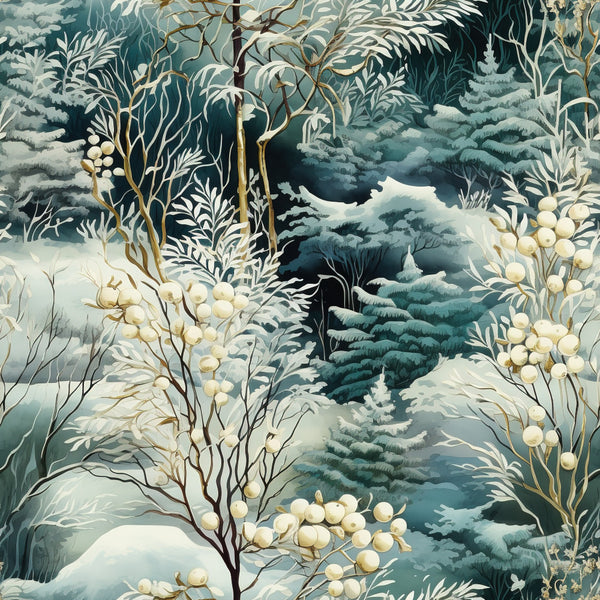 winter forest, snowy landscape, evergreen trees, frost, snow-covered branches, woodland scene, teal blue, cream, gold accents, white berries, nature, seasonal, holiday, christmas, rustic, elegant, whimsical, traditional, forest green, icy blue, frosted, serene, peaceful, winter wonderland, botanical, detailed illustration, naturalistic, cozy, festive, december