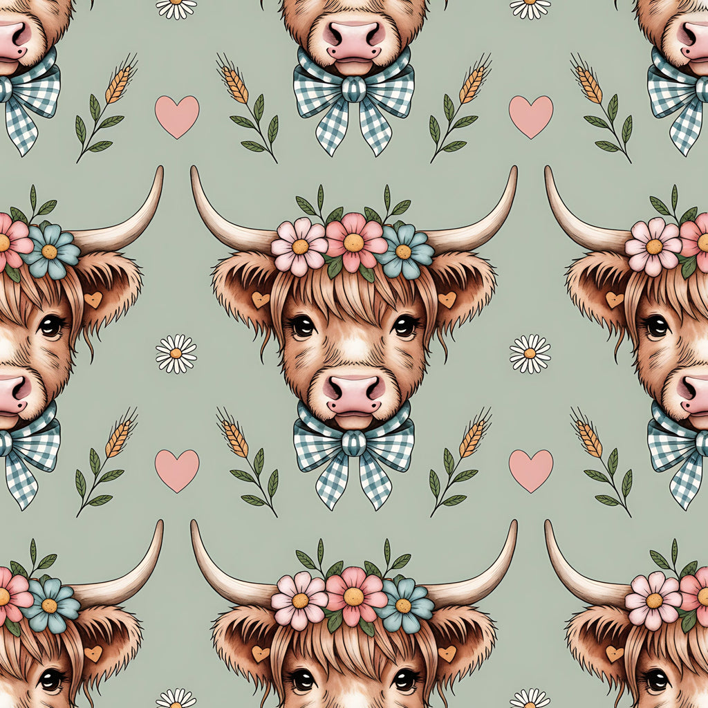 highland cow, cow heads, floral crown, gingham bow, sage green background, pink hearts, wheat stalks, daisies, pastoral pattern, farm animals, cottagecore,, fabric panel, repeating pattern, brown fur, horned cattle, country style, botanical elements, soft colors, whimsical design