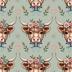 highland cow, cow heads, floral crown, gingham bow, sage green background, pink hearts, wheat stalks, daisies, pastoral pattern, farm animals, cottagecore,, fabric panel, repeating pattern, brown fur, horned cattle, country style, botanical elements, soft colors, whimsical design