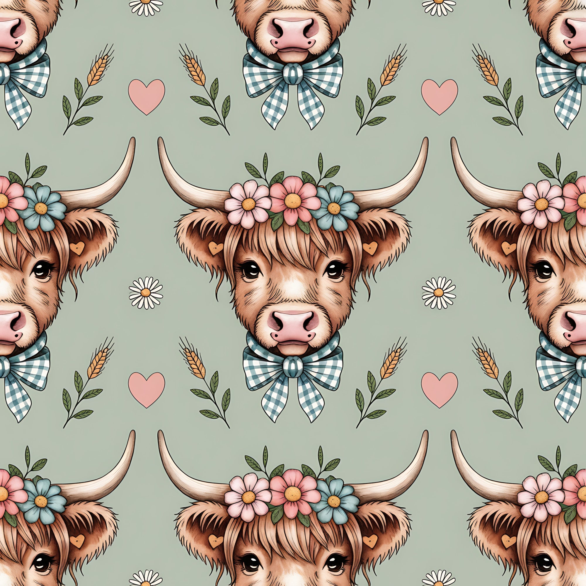 highland cow, cow heads, floral crown, gingham bow, sage green background, pink hearts, wheat stalks, daisies, pastoral pattern, farm animals, cottagecore,, fabric panel, repeating pattern, brown fur, horned cattle, country style, botanical elements, soft colors, whimsical design