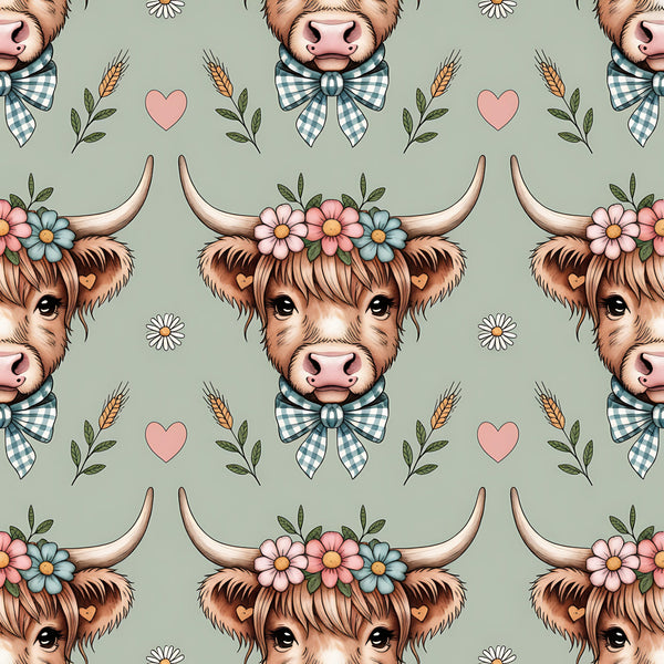 highland cow, cow heads, floral crown, gingham bow, sage green background, pink hearts, wheat stalks, daisies, pastoral pattern, farm animals, cottagecore,, fabric panel, repeating pattern, brown fur, horned cattle, country style, botanical elements, soft colors, whimsical design