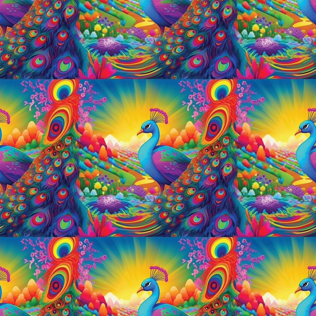 peacock feathers, vibrant rainbow colors, tropical birds, coral reef, underwater scene, psychedelic art style, turquoise blue, hot pink, electric orange, lime green, purple accents,, fabric panel, exotic animals, ocean life, fantasy landscape, neon bright colors, repeating pattern, whimsical design, tropical paradise