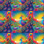 peacock feathers, vibrant rainbow colors, tropical birds, coral reef, underwater scene, psychedelic art style, turquoise blue, hot pink, electric orange, lime green, purple accents,, fabric panel, exotic animals, ocean life, fantasy landscape, neon bright colors, repeating pattern, whimsical design, tropical paradise