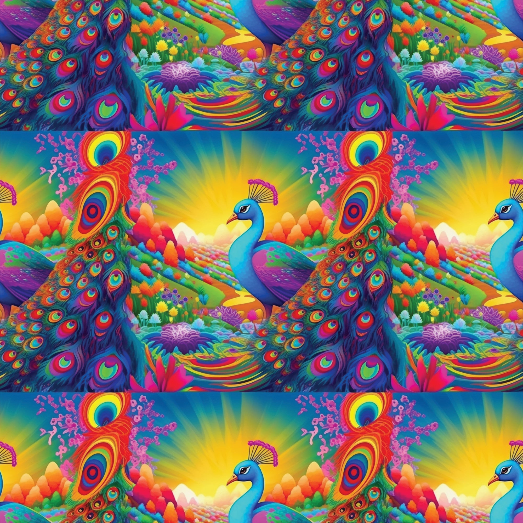 peacock feathers, vibrant rainbow colors, tropical birds, coral reef, underwater scene, psychedelic art style, turquoise blue, hot pink, electric orange, lime green, purple accents,, fabric panel, exotic animals, ocean life, fantasy landscape, neon bright colors, repeating pattern, whimsical design, tropical paradise