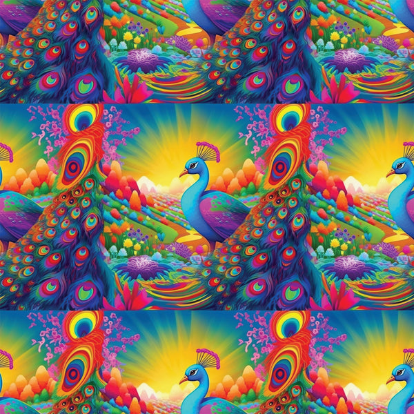 peacock feathers, vibrant rainbow colors, tropical birds, coral reef, underwater scene, psychedelic art style, turquoise blue, hot pink, electric orange, lime green, purple accents,, fabric panel, exotic animals, ocean life, fantasy landscape, neon bright colors, repeating pattern, whimsical design, tropical paradise