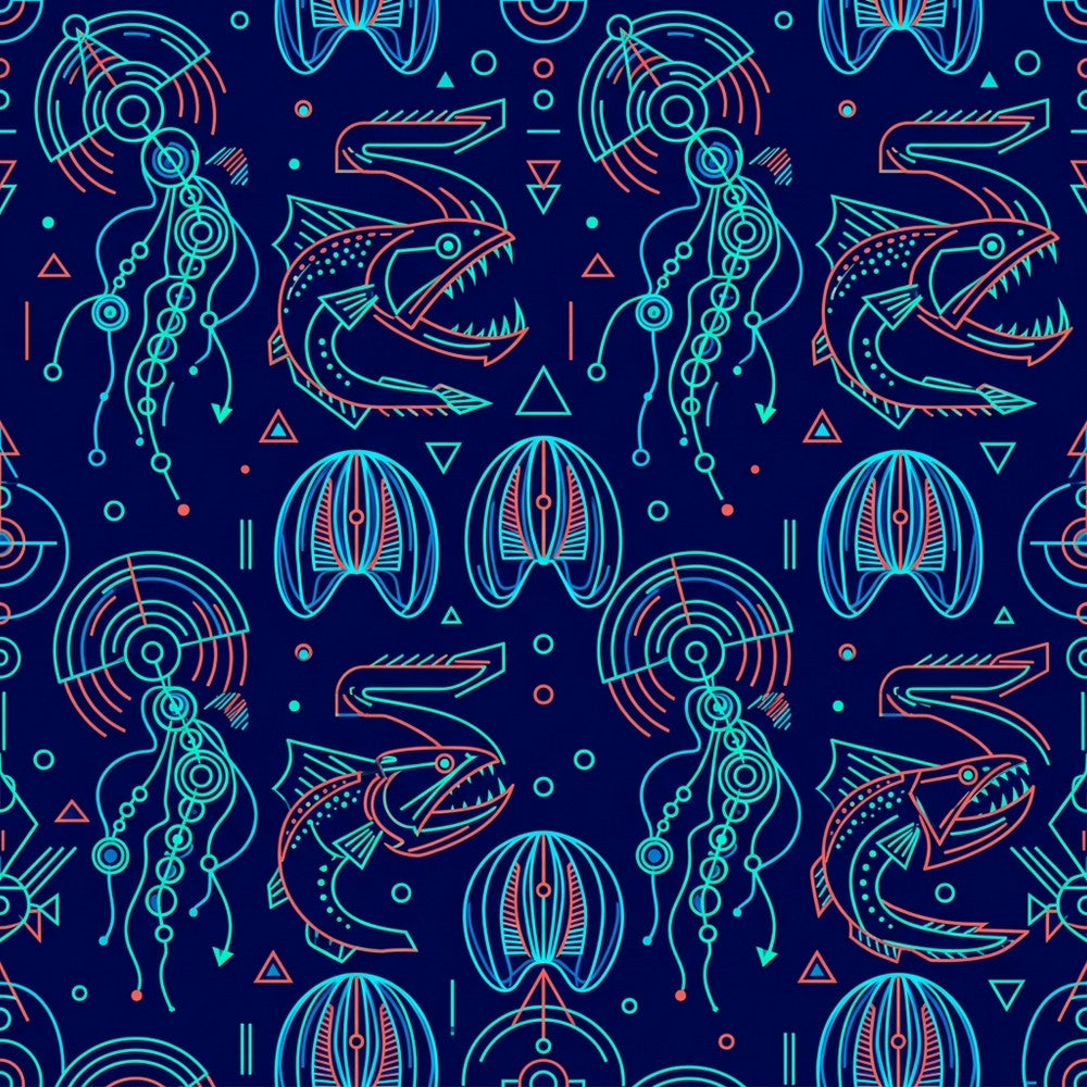navy blue, neon cyan, coral orange, electric blue, turquoise, deep blue, bioluminescent, neon glow, geometric, abstract, science fiction, futuristic, celestial, steampunk, cyberpunk, retro futuristic, fish, jellyfish, octopus, marine life, sea creatures, underwater, sci-fi, modern, edgy, bold, vibrant, glow in the dark aesthetic, tech inspired, space themed