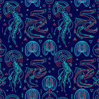 navy blue, neon cyan, coral orange, electric blue, turquoise, deep blue, bioluminescent, neon glow, geometric, abstract, science fiction, futuristic, celestial, steampunk, cyberpunk, retro futuristic, fish, jellyfish, octopus, marine life, sea creatures, underwater, sci-fi, modern, edgy, bold, vibrant, glow in the dark aesthetic, tech inspired, space themed
