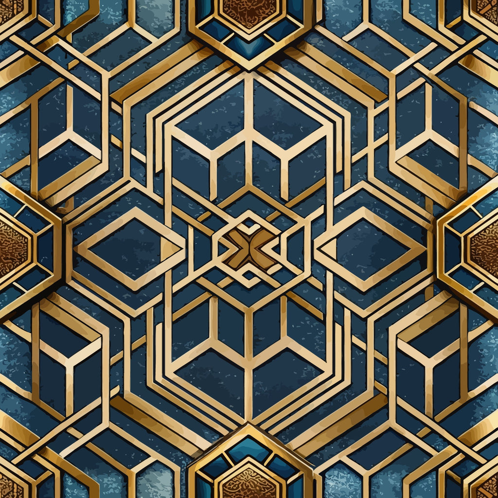 art deco, geometric pattern, hexagonal design, navy blue, deep blue, gold metallic, brass accents, three-dimensional, layered hexagons, modern geometric, sophisticated pattern,, fabric panel, luxury aesthetic, angular shapes, repeating motif, dimensional effect, contemporary design, structured geometry, elegant motifs