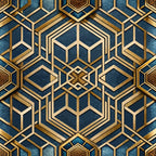 art deco, geometric pattern, hexagonal design, navy blue, deep blue, gold metallic, brass accents, three-dimensional, layered hexagons, modern geometric, sophisticated pattern,, fabric panel, luxury aesthetic, angular shapes, repeating motif, dimensional effect, contemporary design, structured geometry, elegant motifs