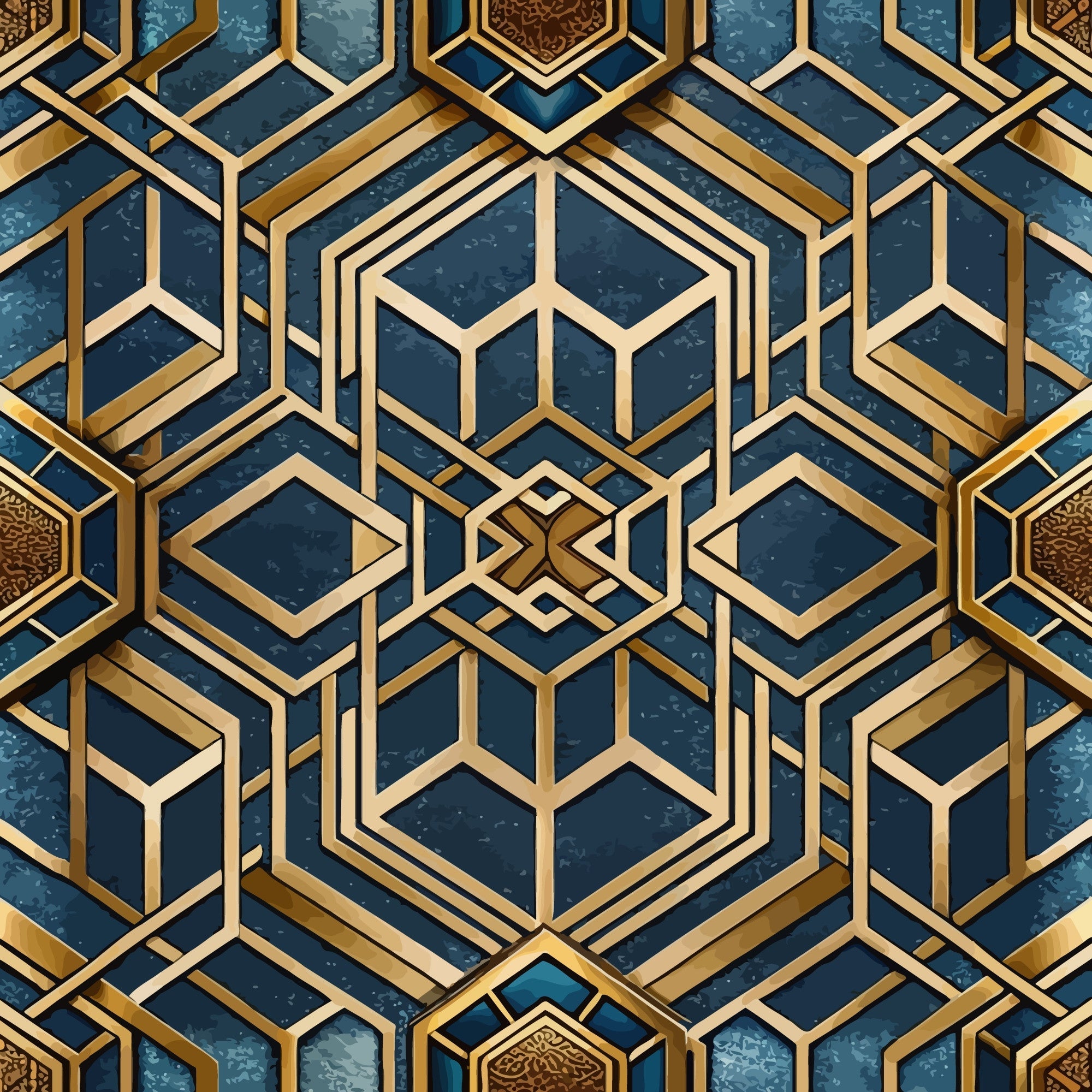 art deco, geometric pattern, hexagonal design, navy blue, deep blue, gold metallic, brass accents, three-dimensional, layered hexagons, modern geometric, sophisticated pattern,, fabric panel, luxury aesthetic, angular shapes, repeating motif, dimensional effect, contemporary design, structured geometry, elegant motifs