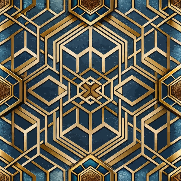 art deco, geometric pattern, hexagonal design, navy blue, deep blue, gold metallic, brass accents, three-dimensional, layered hexagons, modern geometric, sophisticated pattern,, fabric panel, luxury aesthetic, angular shapes, repeating motif, dimensional effect, contemporary design, structured geometry, elegant motifs