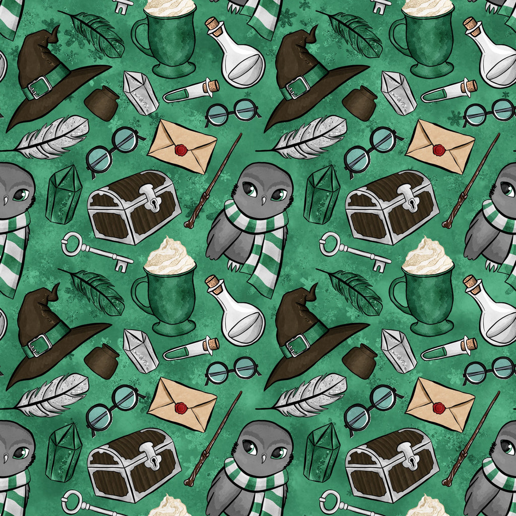 emerald green, forest green, wizard pattern, magic school, owl characters, witch hats, potion bottles, treasure chests, feathers, spectacles, lanterns, wands, letters, keys,, repeating pattern, whimsical design, fantasy theme, magical elements, cute owls, striped scarves