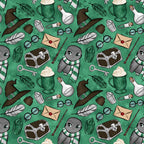 emerald green, forest green, wizard pattern, magic school, owl characters, witch hats, potion bottles, treasure chests, feathers, spectacles, lanterns, wands, letters, keys,, repeating pattern, whimsical design, fantasy theme, magical elements, cute owls, striped scarves