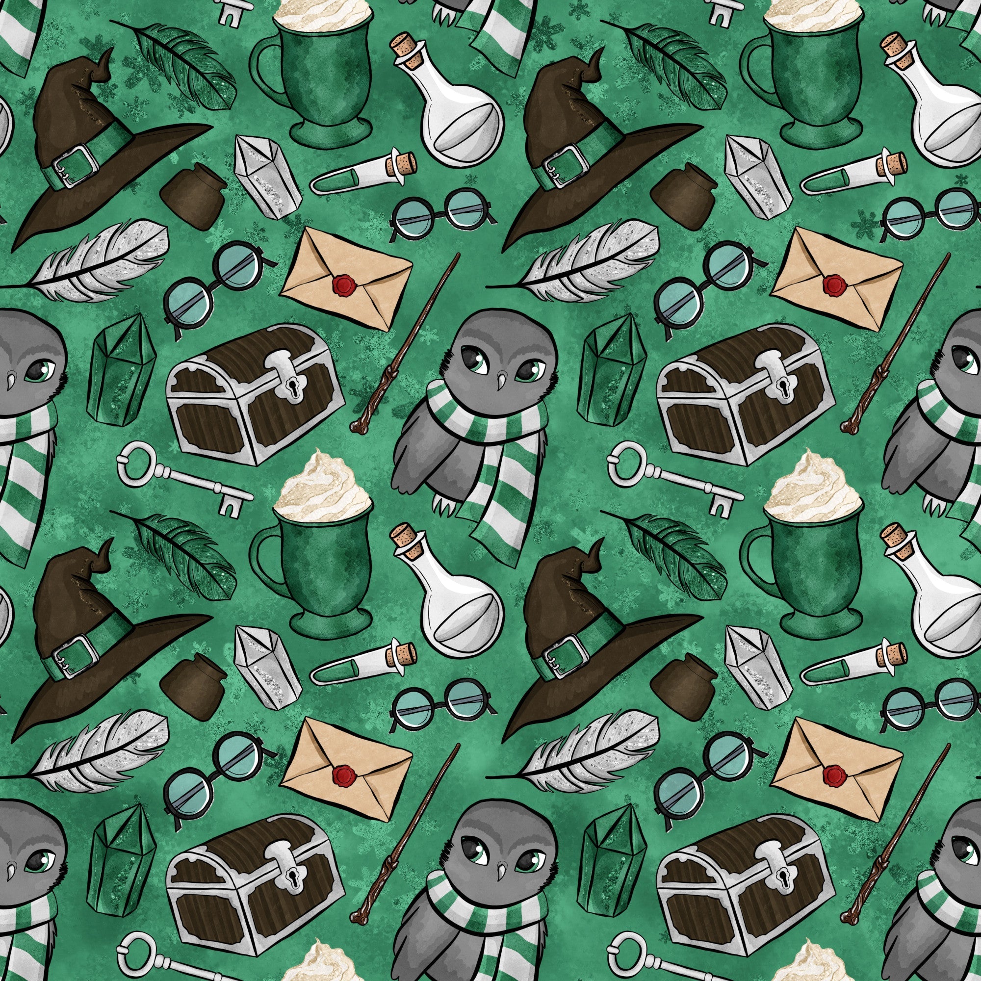 emerald green, forest green, wizard pattern, magic school, owl characters, witch hats, potion bottles, treasure chests, feathers, spectacles, lanterns, wands, letters, keys,, repeating pattern, whimsical design, fantasy theme, magical elements, cute owls, striped scarves