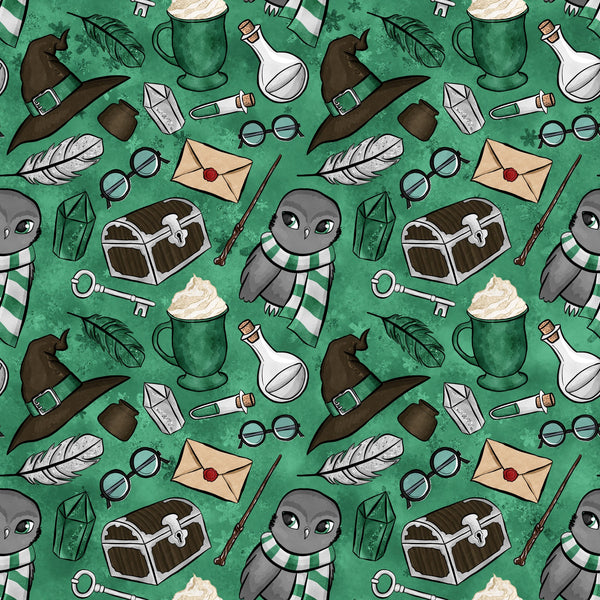 emerald green, forest green, wizard pattern, magic school, owl characters, witch hats, potion bottles, treasure chests, feathers, spectacles, lanterns, wands, letters, keys,, repeating pattern, whimsical design, fantasy theme, magical elements, cute owls, striped scarves