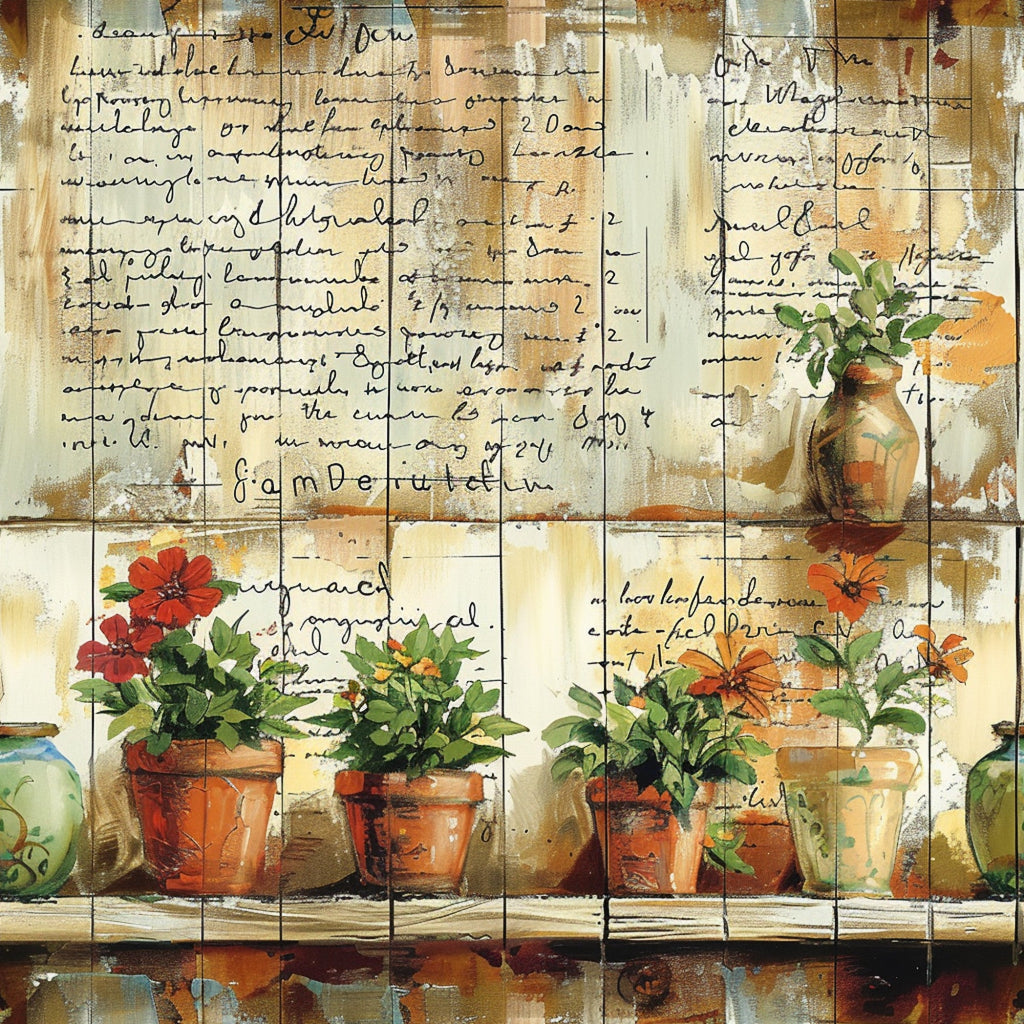 terracotta pots, flowering plants, garden scene, handwritten script, vintage vases, botanical illustration, warm browns, sage green, burnt orange, red flowers, potted herbs, rustic shelving, weathered background,, fabric panel, farm life, country garden, earthy tones, aged patina, cottage style