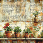 terracotta pots, flowering plants, garden scene, handwritten script, vintage vases, botanical illustration, warm browns, sage green, burnt orange, red flowers, potted herbs, rustic shelving, weathered background,, fabric panel, farm life, country garden, earthy tones, aged patina, cottage style