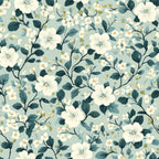 cornflower blue, sage green, cream white, floral pattern, botanical design, delicate flowers, branching stems, leaves, nature motif,, fabric panel, soft pastels, vintage style, romantic florals, seamless repeat, garden blooms, feminine design, crafting material, sewing fabric, spring flowers