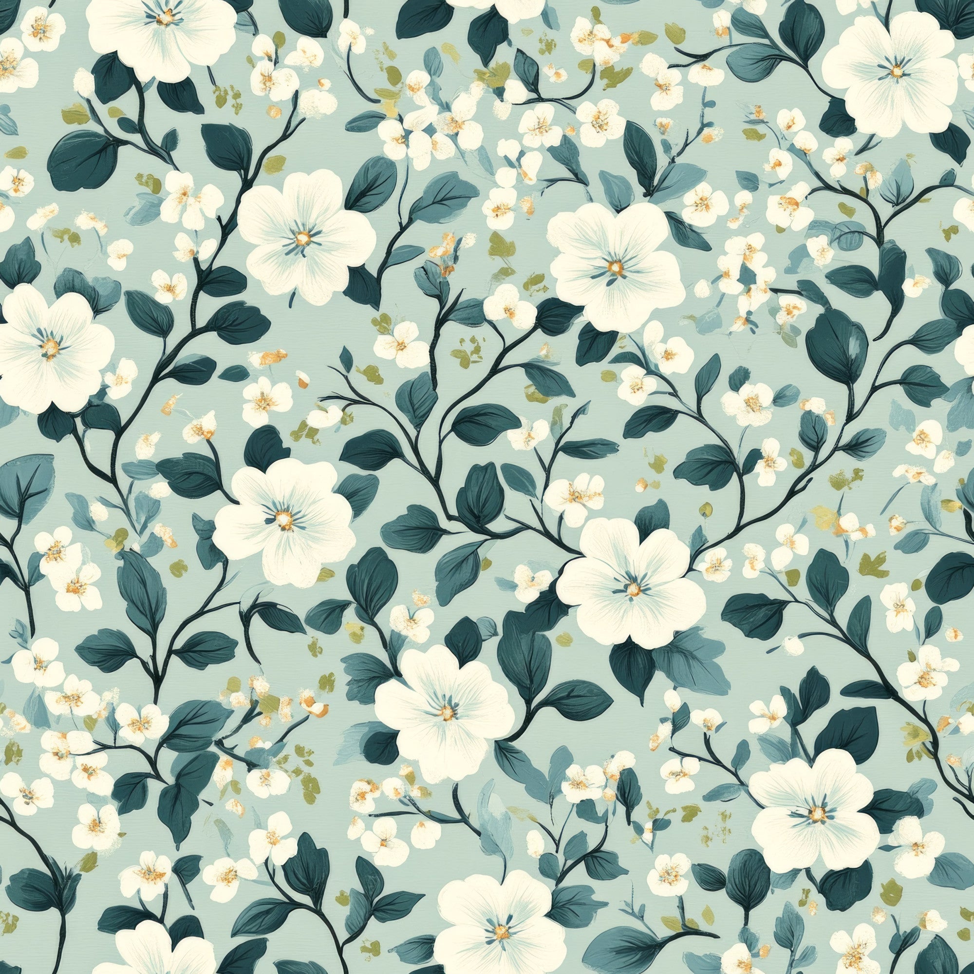 cornflower blue, sage green, cream white, floral pattern, botanical design, delicate flowers, branching stems, leaves, nature motif,, fabric panel, soft pastels, vintage style, romantic florals, seamless repeat, garden blooms, feminine design, crafting material, sewing fabric, spring flowers