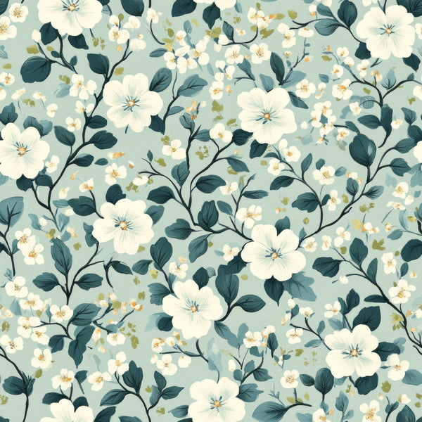 cornflower blue, sage green, cream white, floral pattern, botanical design, delicate flowers, branching stems, leaves, nature motif,, fabric panel, soft pastels, vintage style, romantic florals, seamless repeat, garden blooms, feminine design, crafting material, sewing fabric, spring flowers