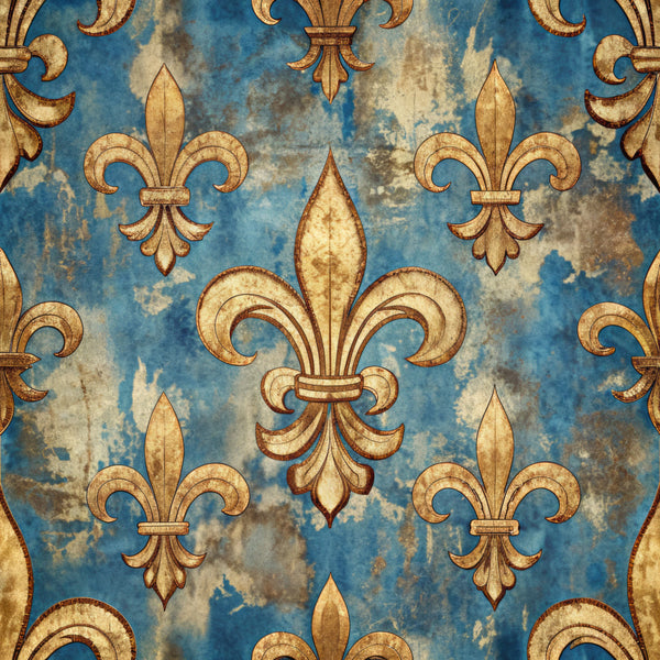 antique blue, gold, cream, distressed, fleur de lis, damask, french, vintage, elegant, ornate, baroque, traditional, royal, regal, luxury, classic, timeless, european, versailles, medallion, symmetrical, scrollwork, botanical, formal, sophisticated, home decor, upholstery, heritage, gilded