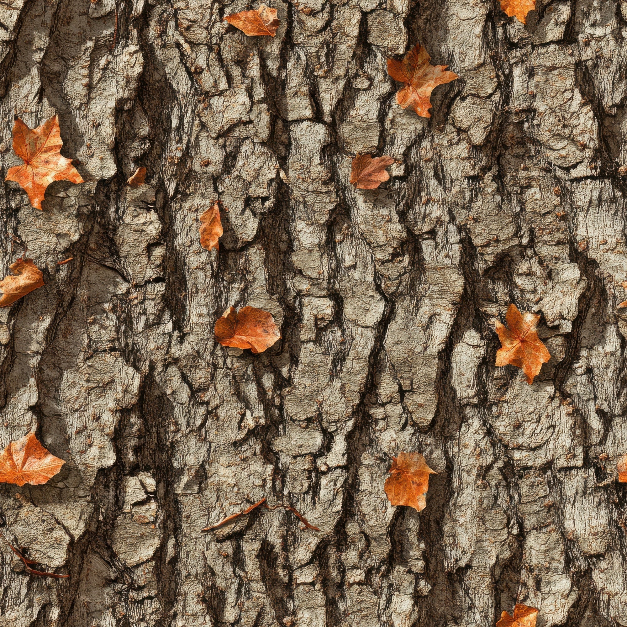 tree bark, autumn leaves, orange leaves, brown bark, textured bark, realistic camouflage, hunting camo, fall foliage, maple leaves, woodland pattern, outdoor theme, nature design,, fabric panel, earth tones, camouflage print, hunting fabric, seasonal autumn, rustic outdoor, natural textures