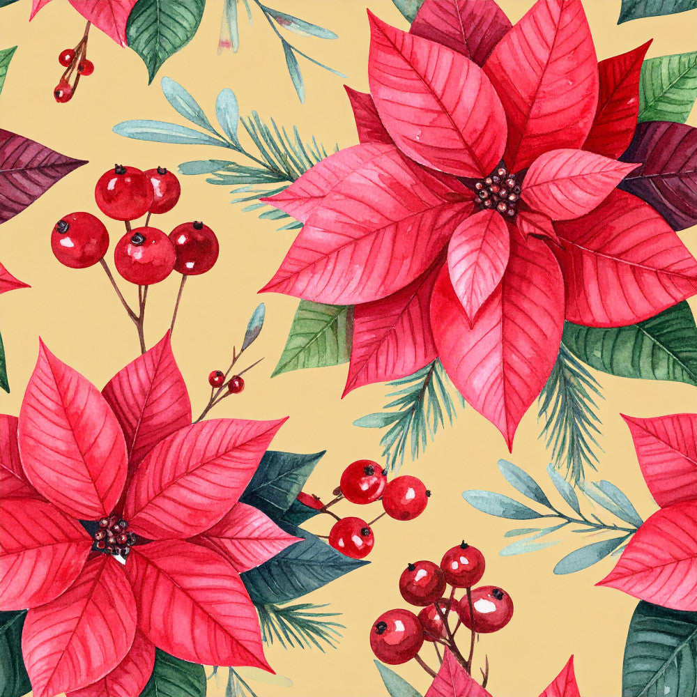 poinsettia, red berries, cream background, christmas, holiday, floral, botanical, festive, elegant, traditional, winter, nature, evergreen, pinecone branches, red flowers, pink leaves, dark green foliage, metallic accents, seasonal, decorative, timeless, classic, red and pink, soft romantic, vintage botanical, holiday decor, celebration, natural elements, garden inspired
