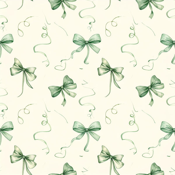 sage green, soft green, pale green, cream, ivory, off-white, bows, ribbons, curls, swirls, botanical, nature, elegant, whimsical, feminine, delicate, spring, vintage, romantic, sophisticated, girls room, nursery, baby shower, pastel, watercolor, hand-painted, gift wrap inspired, decorative bows, curling ribbons, graceful
